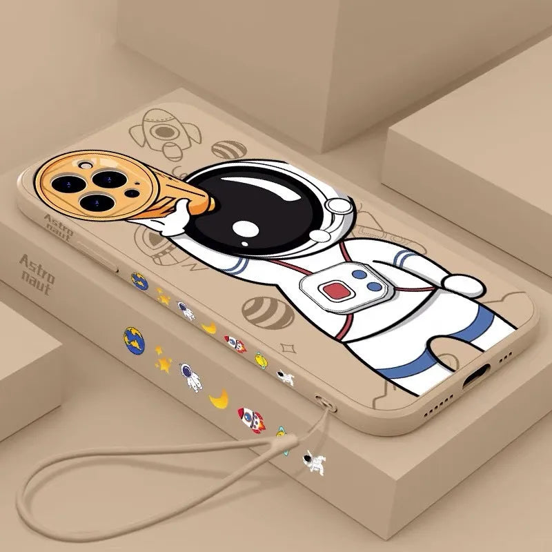 Silicone iPhone case with cartoon astronaut and starry sky planet design in blue.