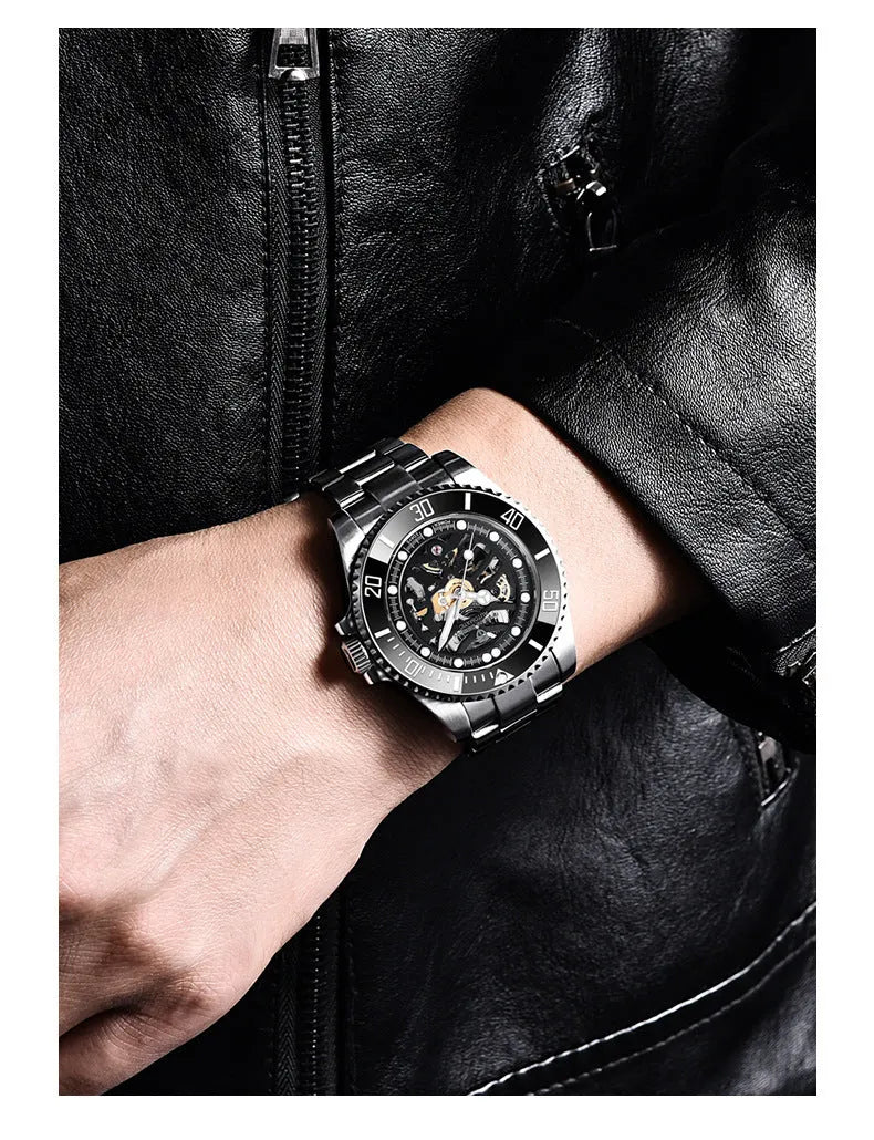 PAGANI Steel Band Mechanical Watch with black dial, luminous hands, and screw-down crown on a stainless steel band