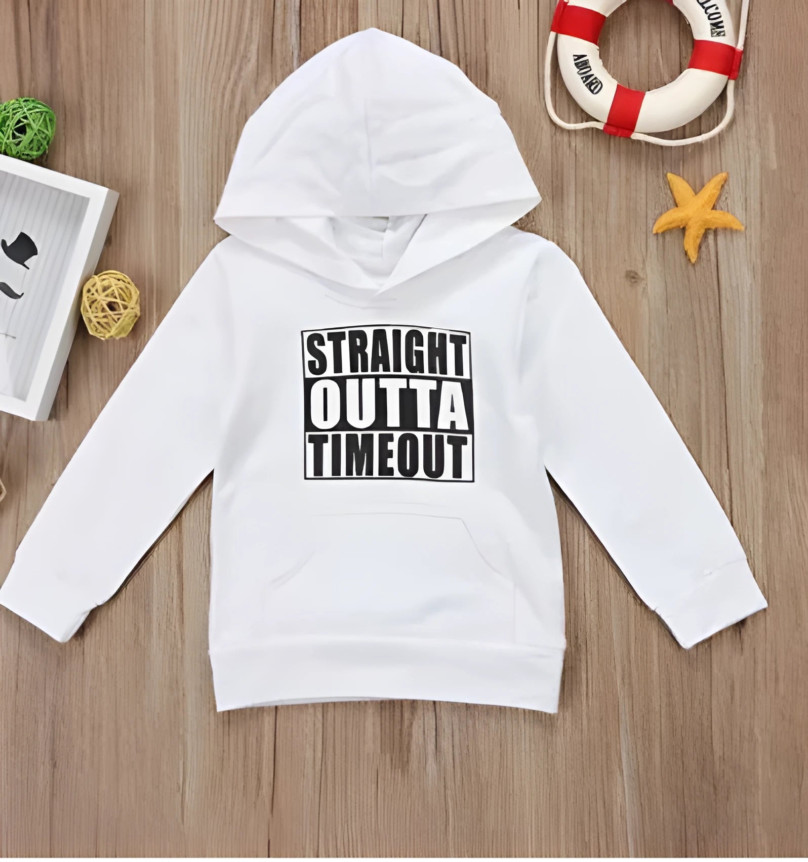 Boys' black and white hooded cotton sweater with letter pattern, long sleeves, and pullover design