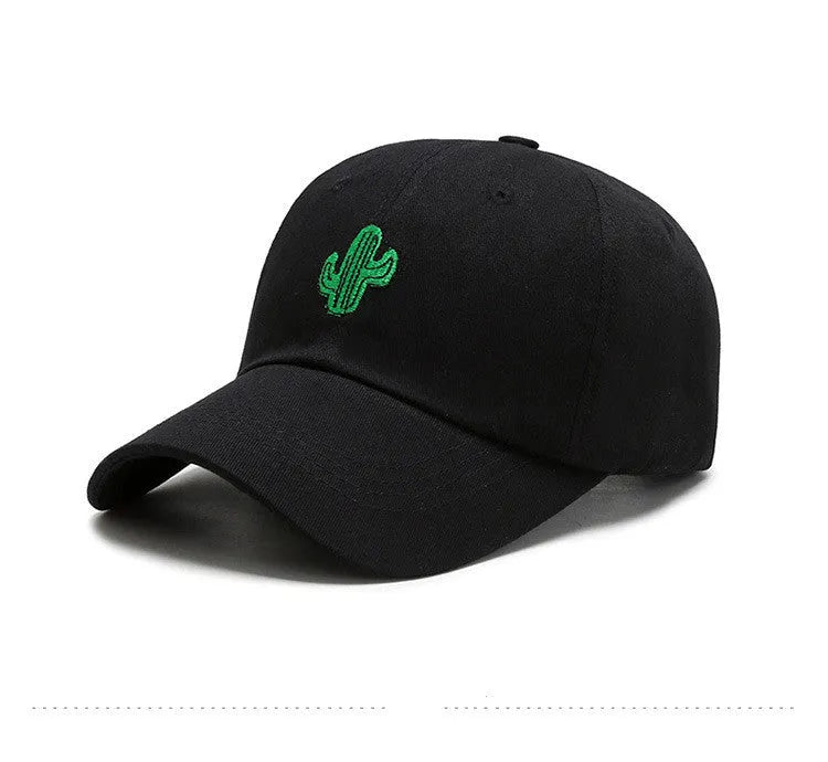 Cotton baseball cap with embroidered cartoon pattern in black, side view, unisex adjustable design