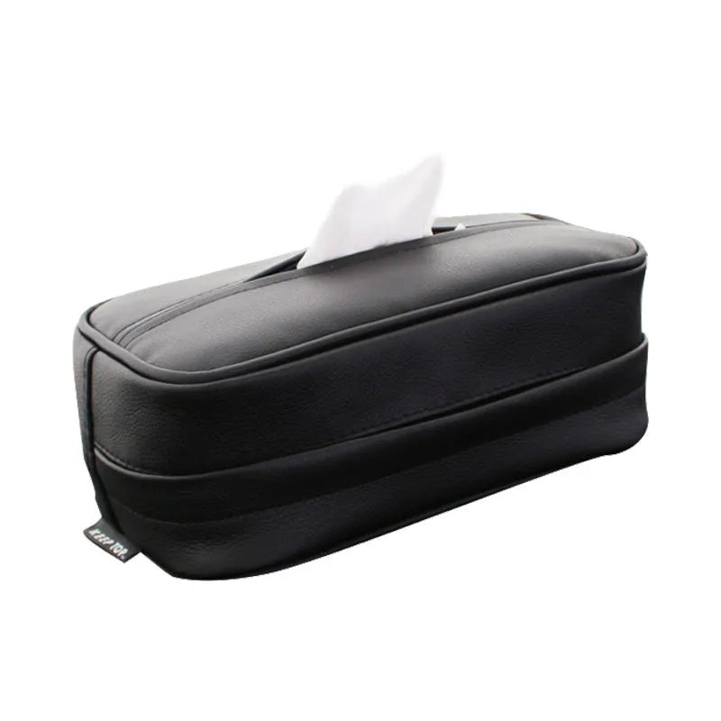 Black and beige PU leather car hanging storage box for organisation.