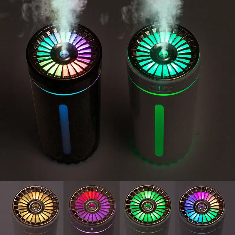 Black portable USB rechargeable humidifier with colourful LED lights on car cup holder