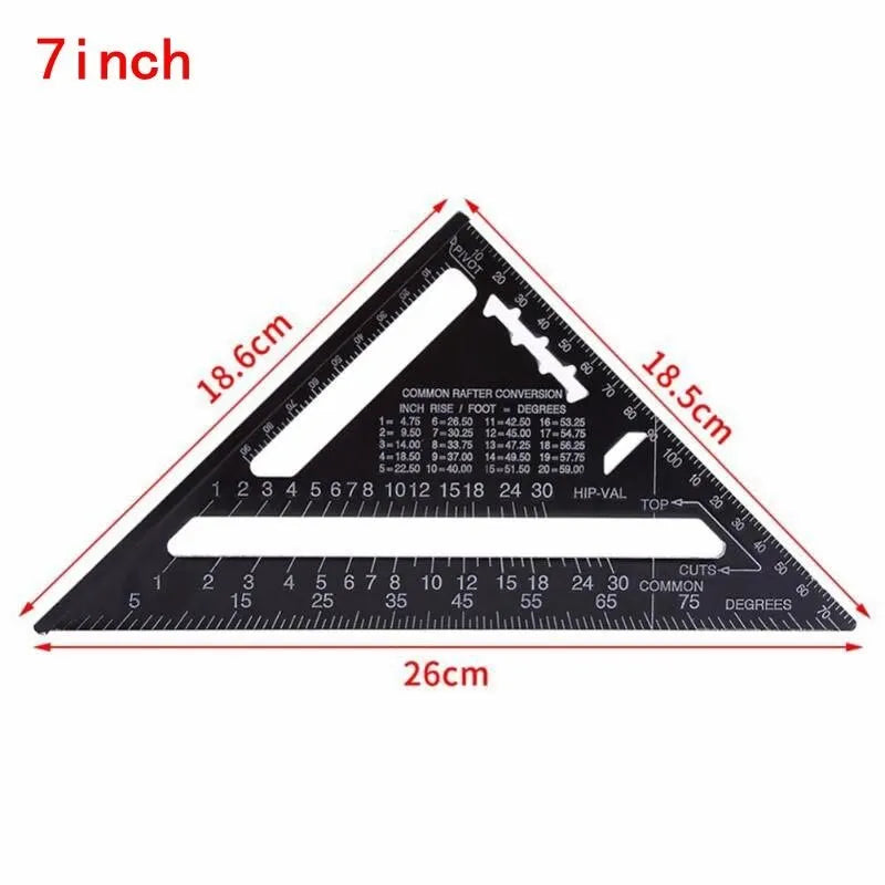 Black aluminium triangle ruler square showing 90 and 45-degree angles with measurement markings