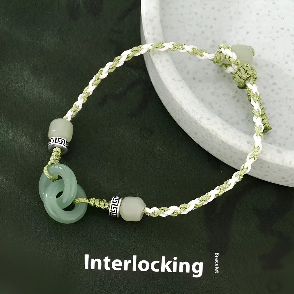 Green copper women's bracelet with peace buckle, jade double rings and animal zodiac ethnic design