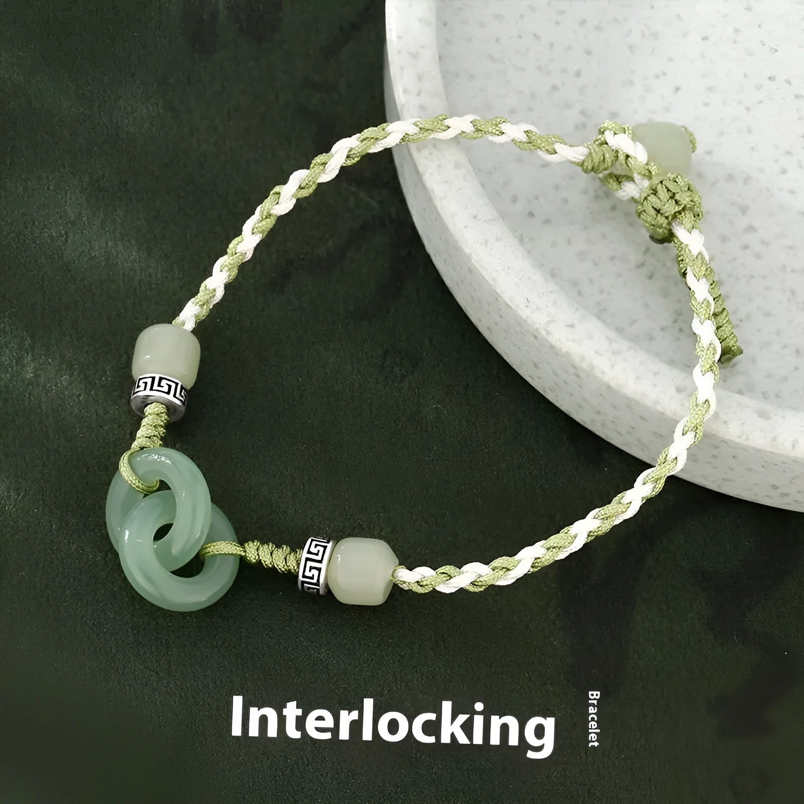 Green copper women's bracelet with peace buckle, jade double rings and animal zodiac ethnic design