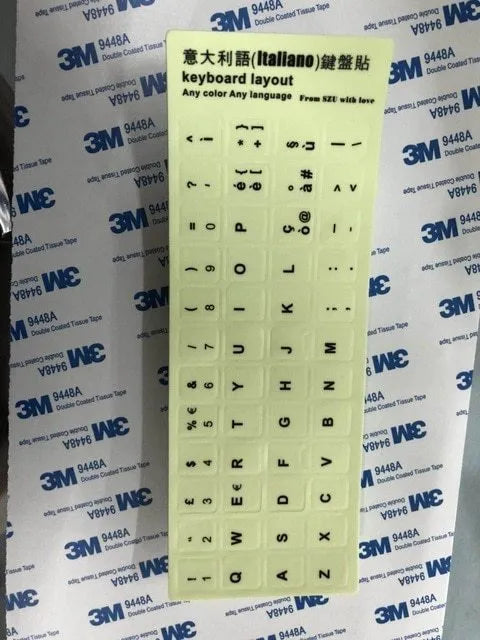 Sheet of glowing PVC keyboard stickers for Arabic, Thai, Hebrew, French, Italian and German languages