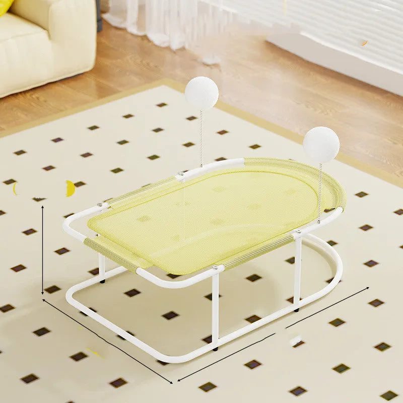 Grey metal frame cat kennel with a soft breathable fabric bed elevated off the floor.
