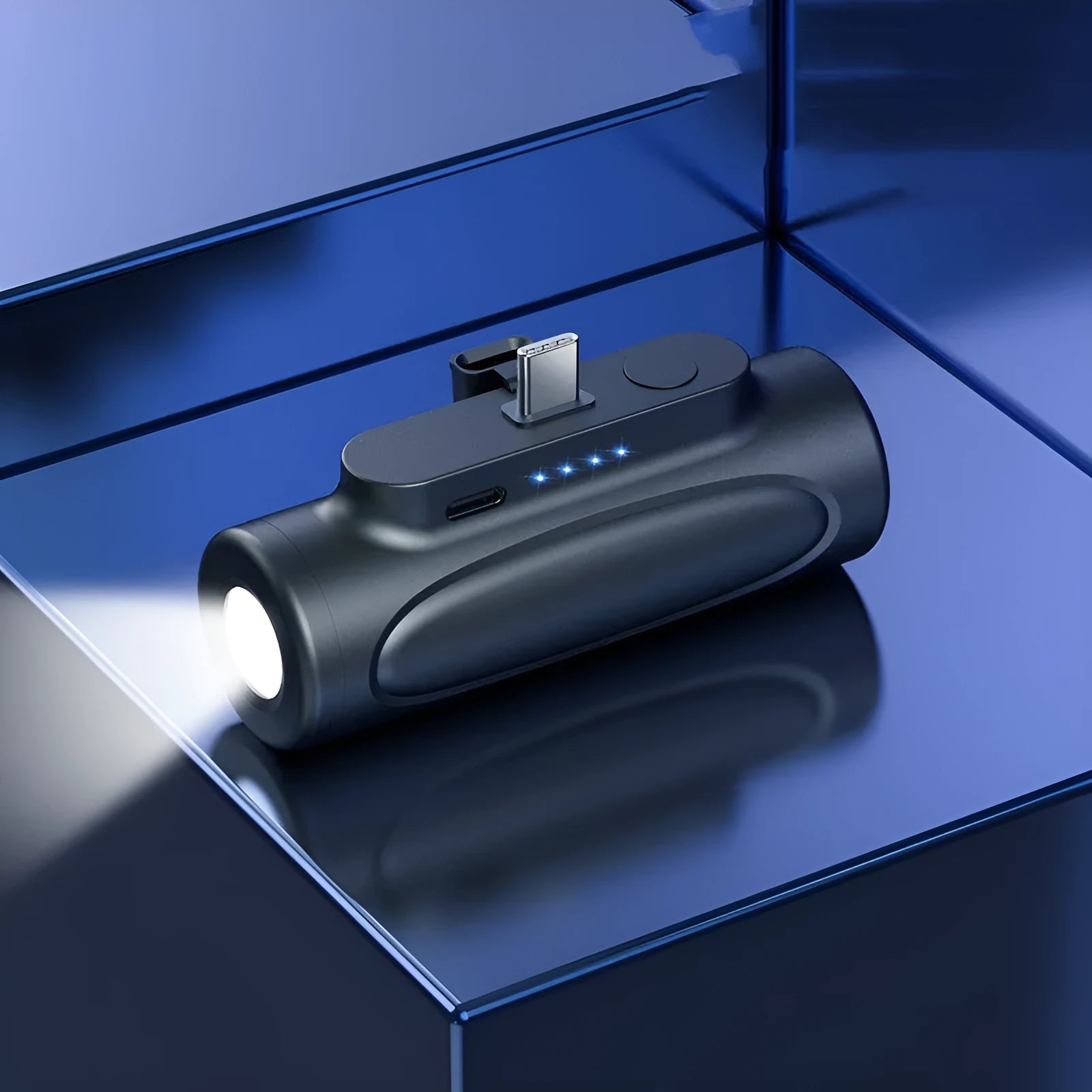 Black Creative Power Bank Glare Flashlight showing USB-C port and LED lens, with dimensions 83mm x 27mm x 41mm.