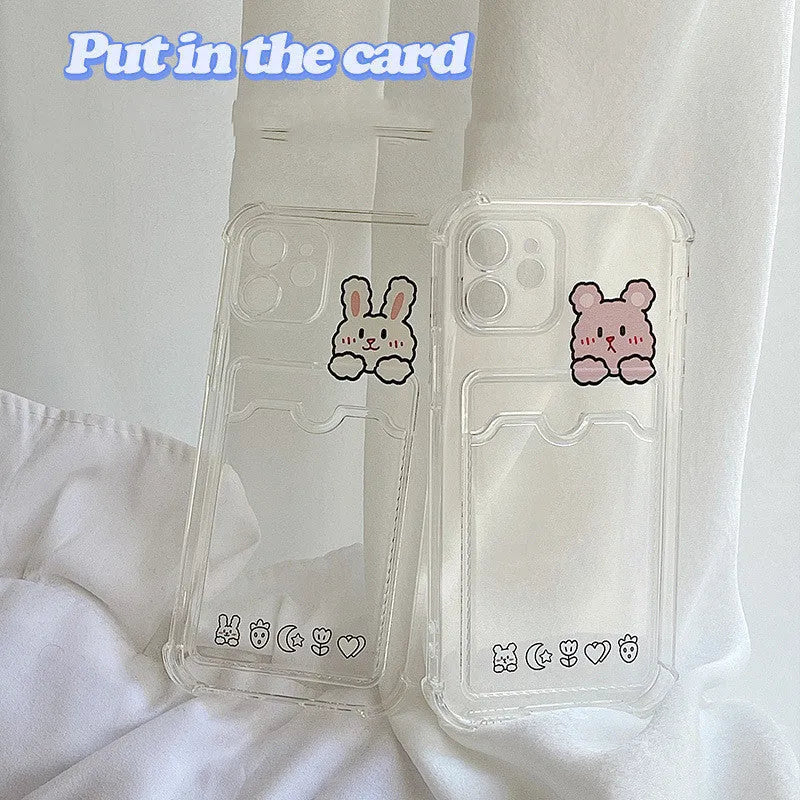 Cartoon design transparent TPU iPhone case with a built-in card holder slot on the back.