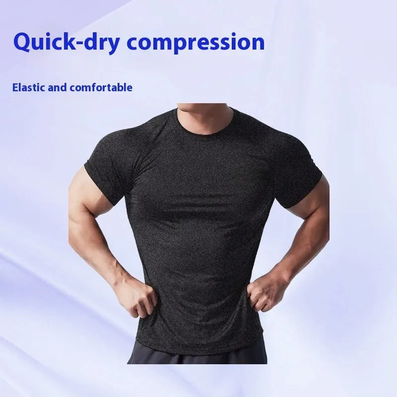 Men's tight stretch round neck short sleeve t-shirt in grey polyester fabric.