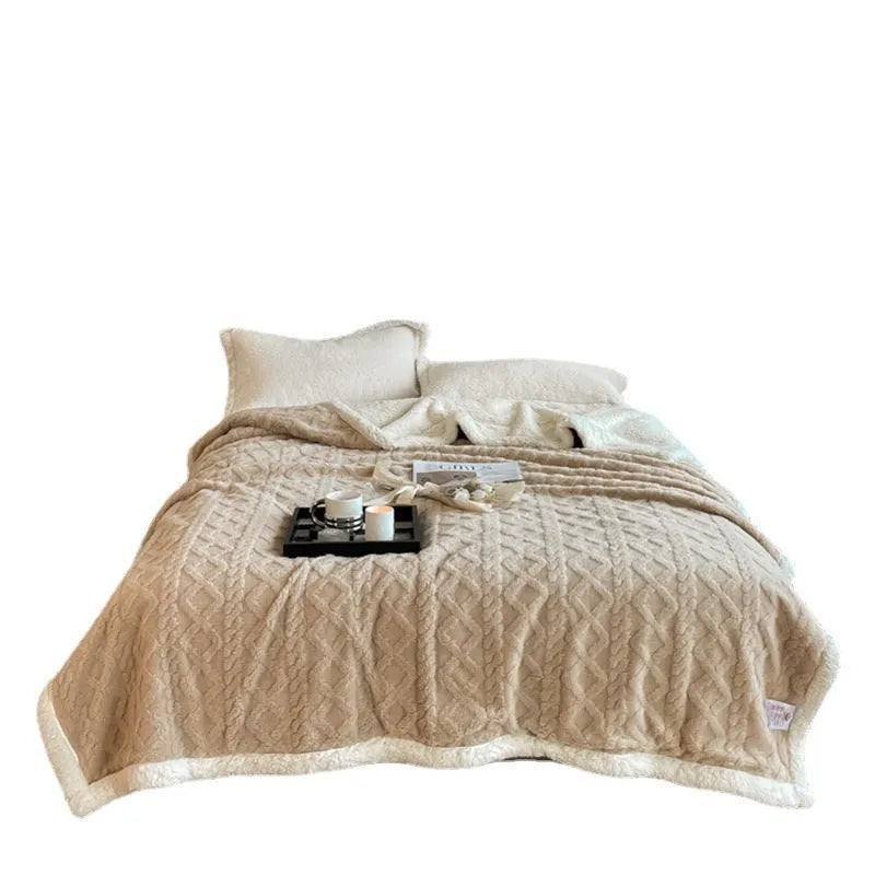 Thermal flannel blanket in tea green colour showing thickening taffeta fabric texture