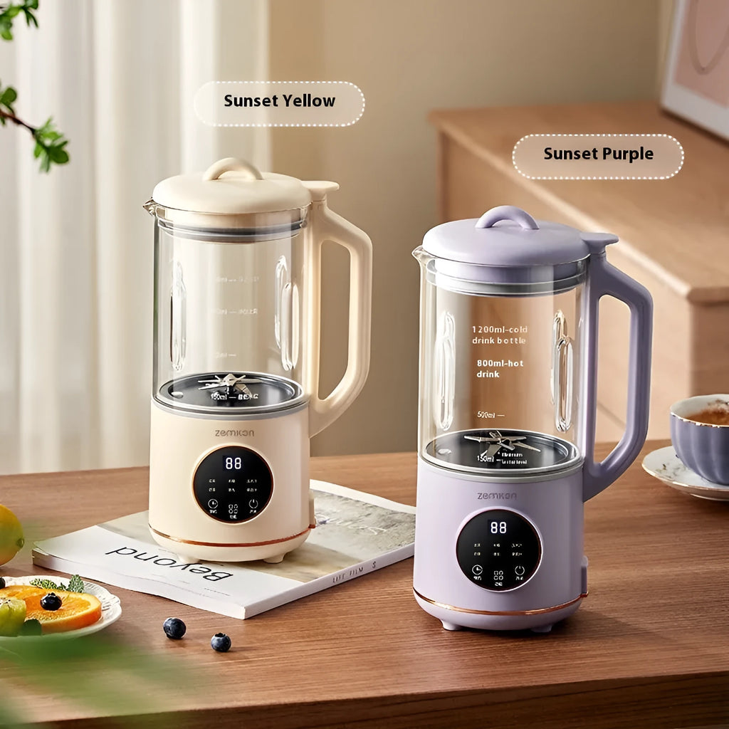 Milky white automatic soybean milk maker with glass body and touch control panel.