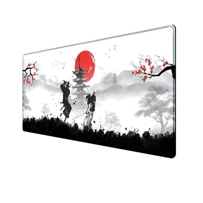 Japanese samurai artwork gaming mouse pad on a desk with a computer mouse