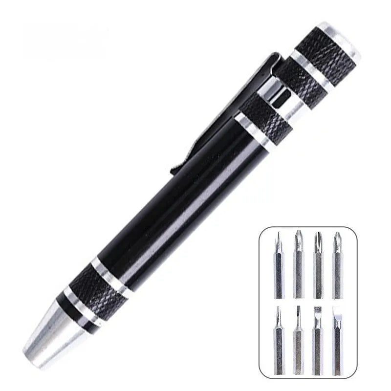 8-in-1 aluminium alloy pen-type screwdriver set with multiple coloured handles and nickel-plated cutter heads