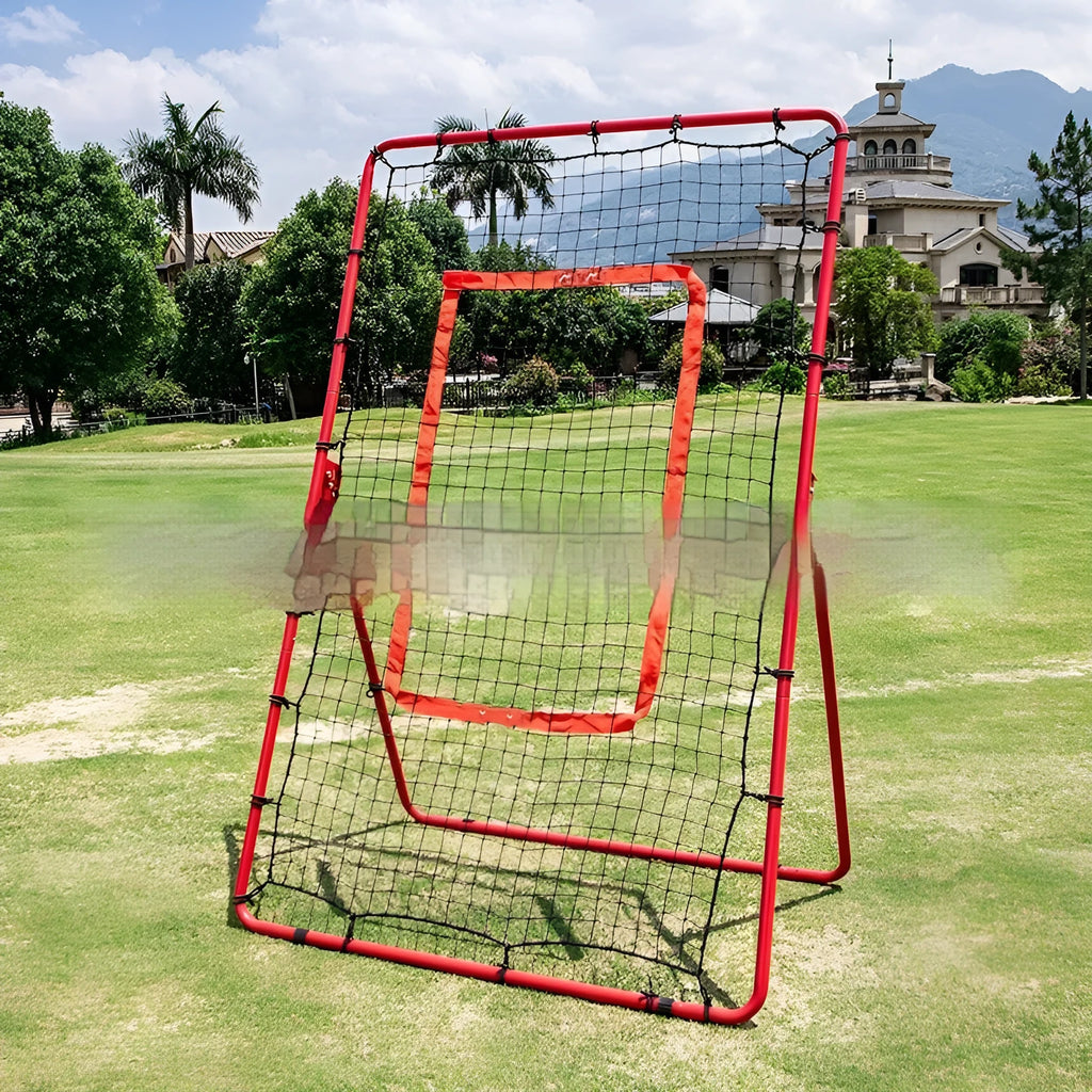 Red metal frame portable baseball training net set up for practice.