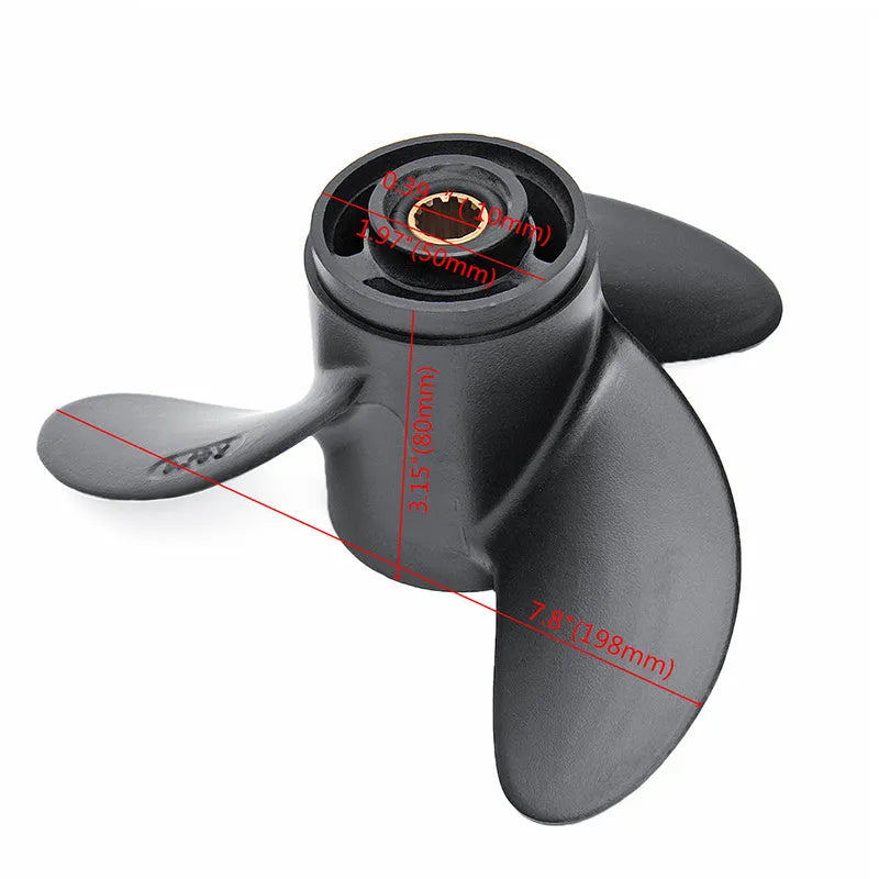 Aluminium alloy outboard motor propeller, 7.8 inch diameter, 3-blade, black finish