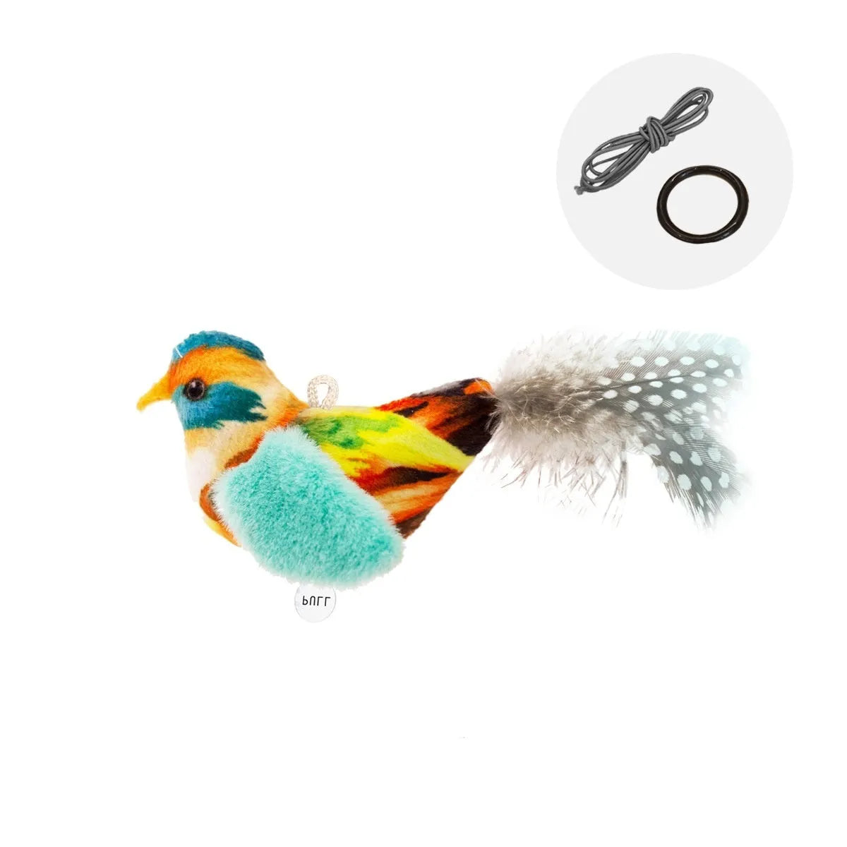 Bird simulation cat toy showing colourful plush bird designs including blue kingfisher and sparrow variants