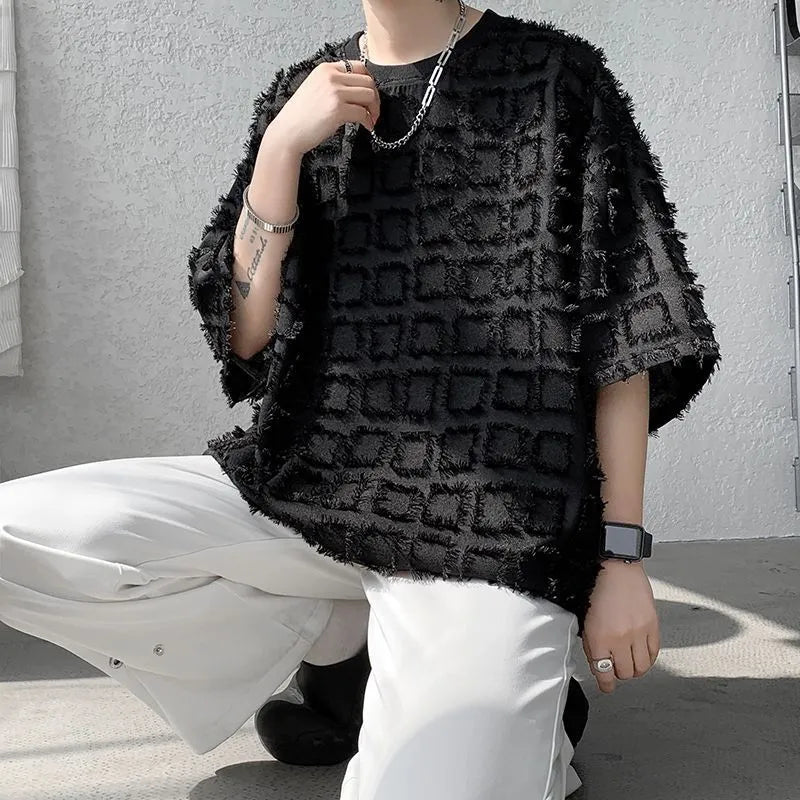 Men's black loose fit short sleeve T-shirt with jacquard texture, sizes M to 3XL