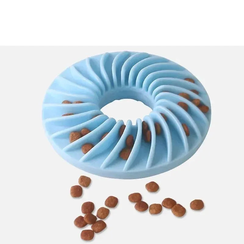 Soft round TPR leakage food pet toy for puppies, available in blue, green, and pink