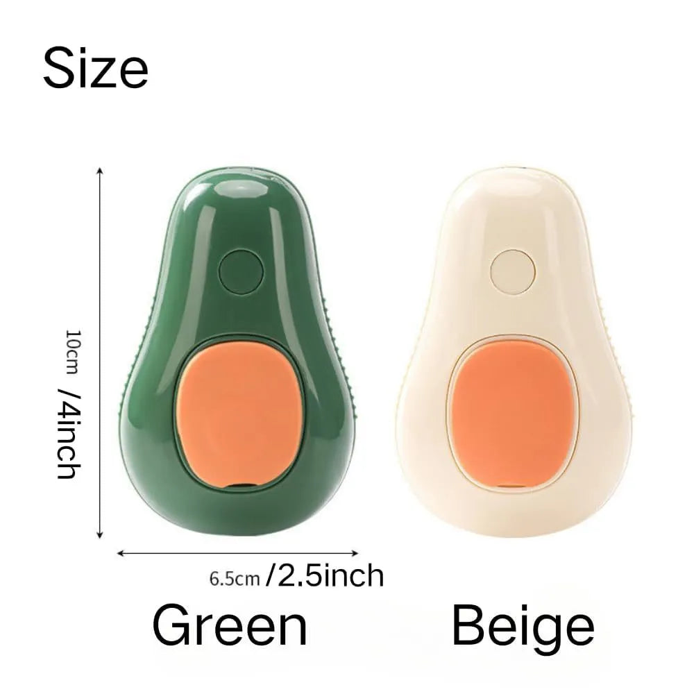 Green and white 3-in-1 cat steam brush with silicone teeth and water spray function, shown with size scale.