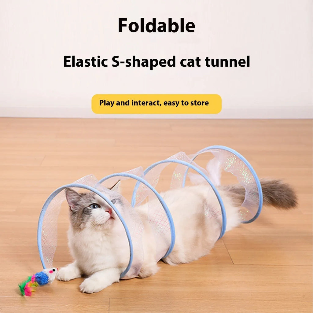 Grey steel frame cat tunnel with elastic netting and attached feather toy for indoor play