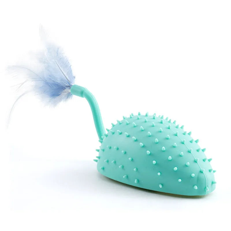 Remote control silicone mouse cat toy with USB charger and feather attachment in cyan colour