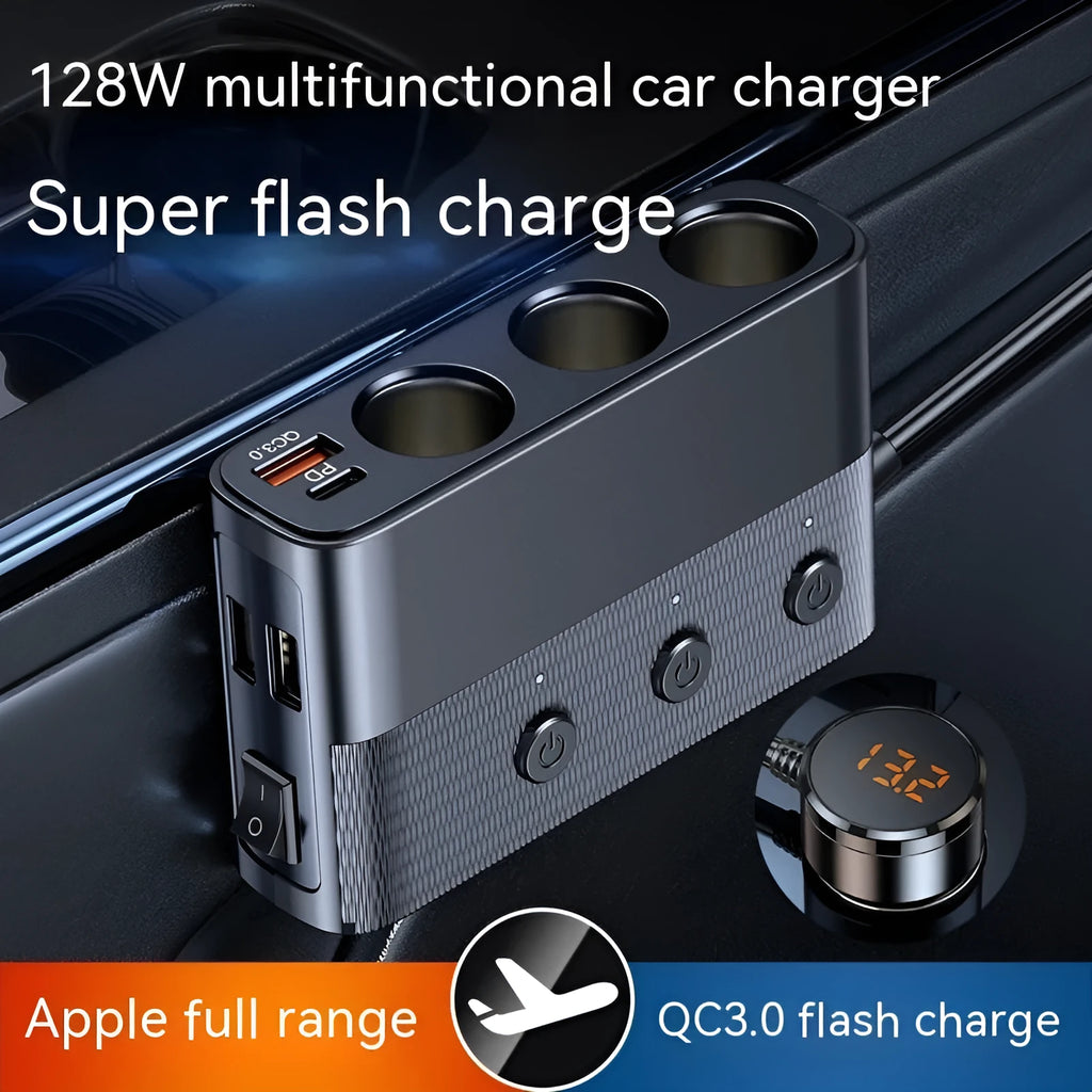 Black vehicle cigarette lighter USB charger with multiple ports showing dimensions 116mm x 71mm x 33mm