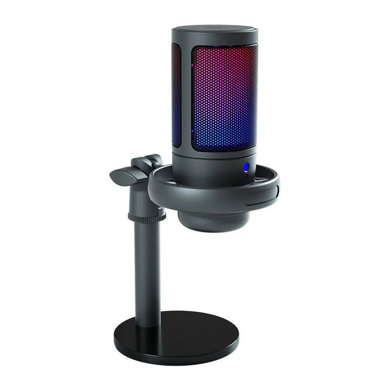 USB condenser microphone with colourful RGB lighting on a black cantilever arm, for desktop streaming and recording.