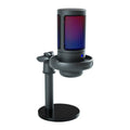USB condenser microphone with colourful RGB lighting on a black cantilever arm, for desktop streaming and recording.