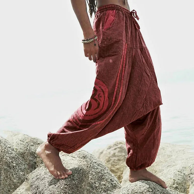 Men's dark green ethnic pattern ankle-tied casual trousers with mid waist and thin polyester construction