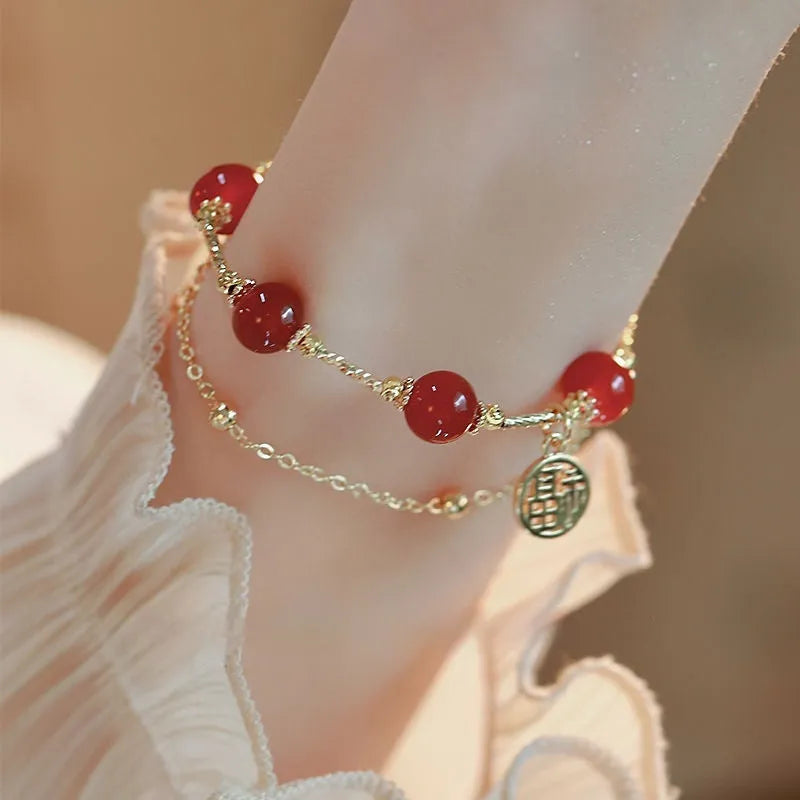 Red Agate bracelet with Red Horse blessing card motif on electroplated alloy double-layer design