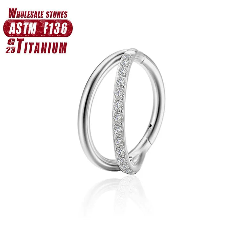 Titanium alloy nose ring or septum piercing in silver, available in multiple lengths and diamond-accented styles.