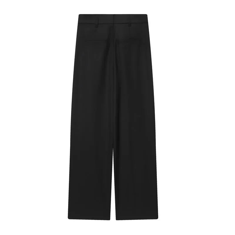 Wool blend wrap design trousers for women black mid waist straight leg inelastic fabric