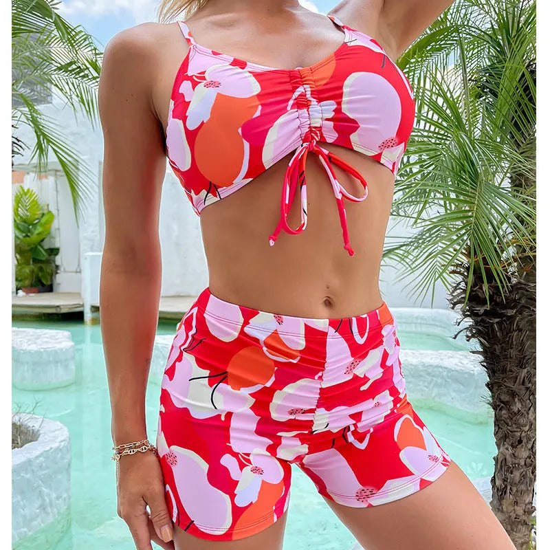 Printed drawstring high waist bikini swimsuit for women, colour ZH289RE, polyester lined brief