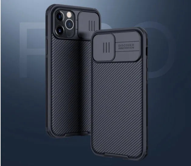 NILLKIN Black Mirror iPhone 12 Pro case with sliding camera cover in black, blue, and green colours