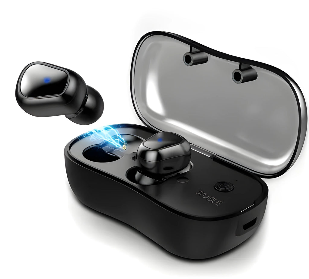 White TWS wireless in-ear sports headphones and compact rectangular charging case on a table.