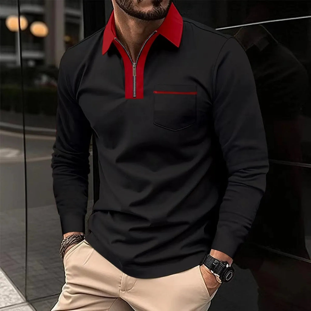 Men's long sleeve zip-up polo shirt with lapel collar in two-tone colour, cotton blend, sizes S-3XL.