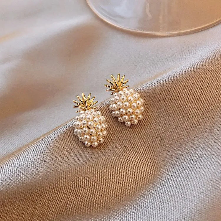 Korean style pineapple starfish pearl drop earrings in electroplated alloy with artificial gem inlay
