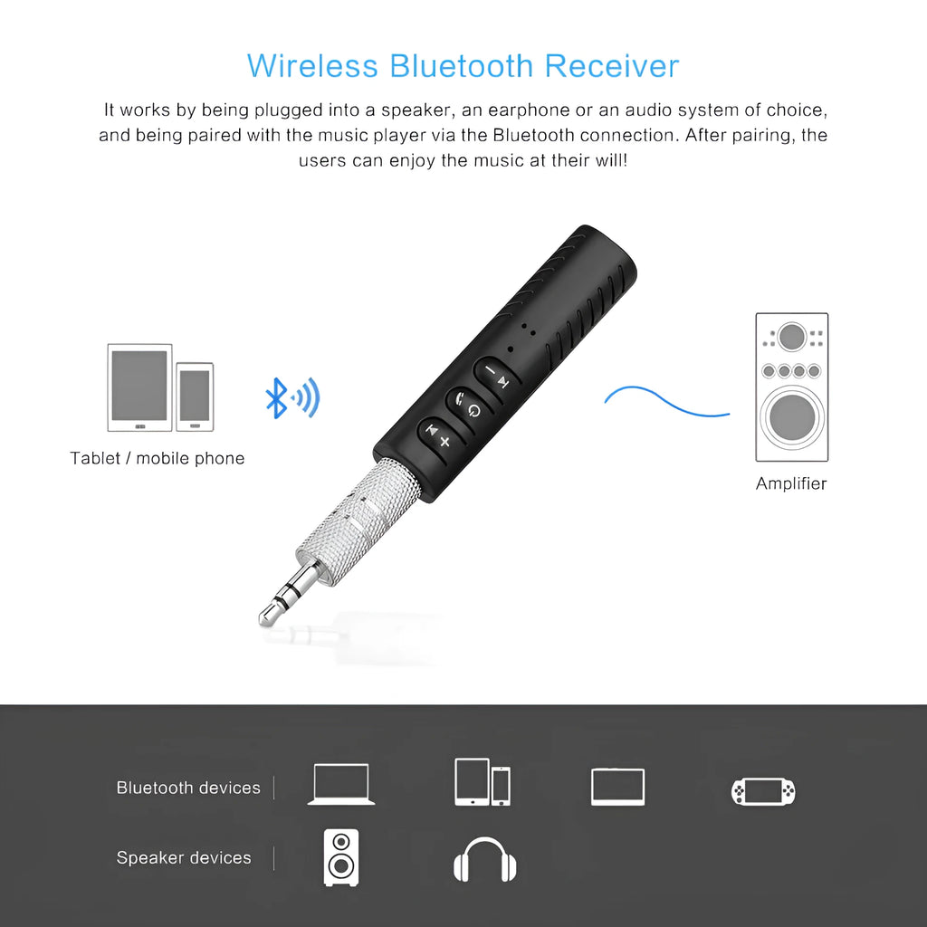 Black universal Bluetooth 4.1 car kit with 3.5mm AUX adapter for wireless music streaming.