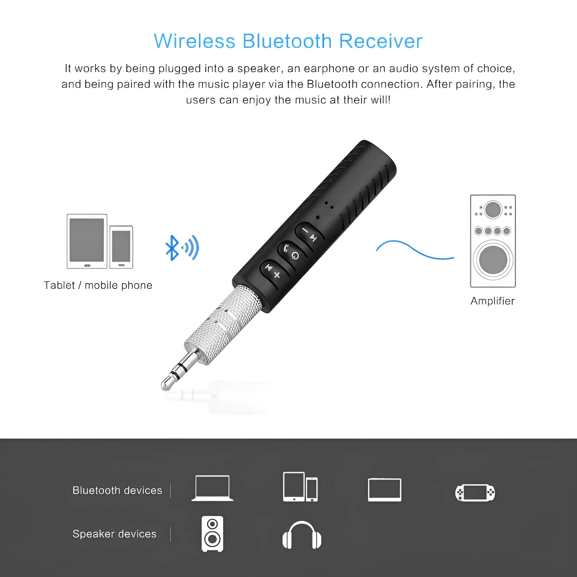 Black universal Bluetooth 4.1 car kit with 3.5mm AUX adapter for wireless music streaming.