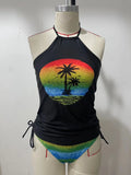 Women's conservative one-piece swimsuit with colourful split patterns and matching shorts