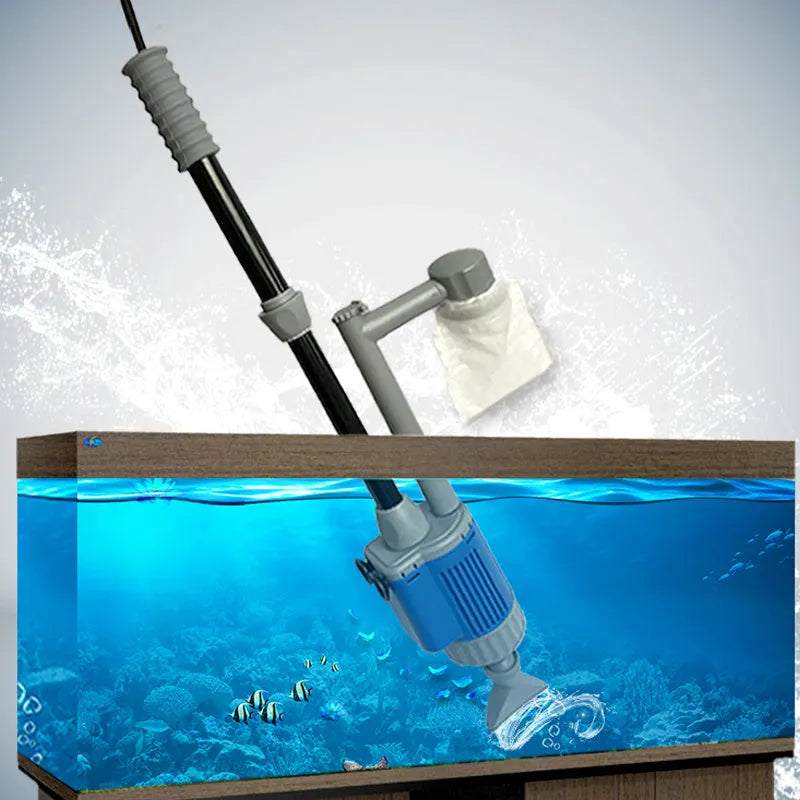 Electric aquarium gravel cleaner with 20W motor, plastic body, hose, and suction ports on white background