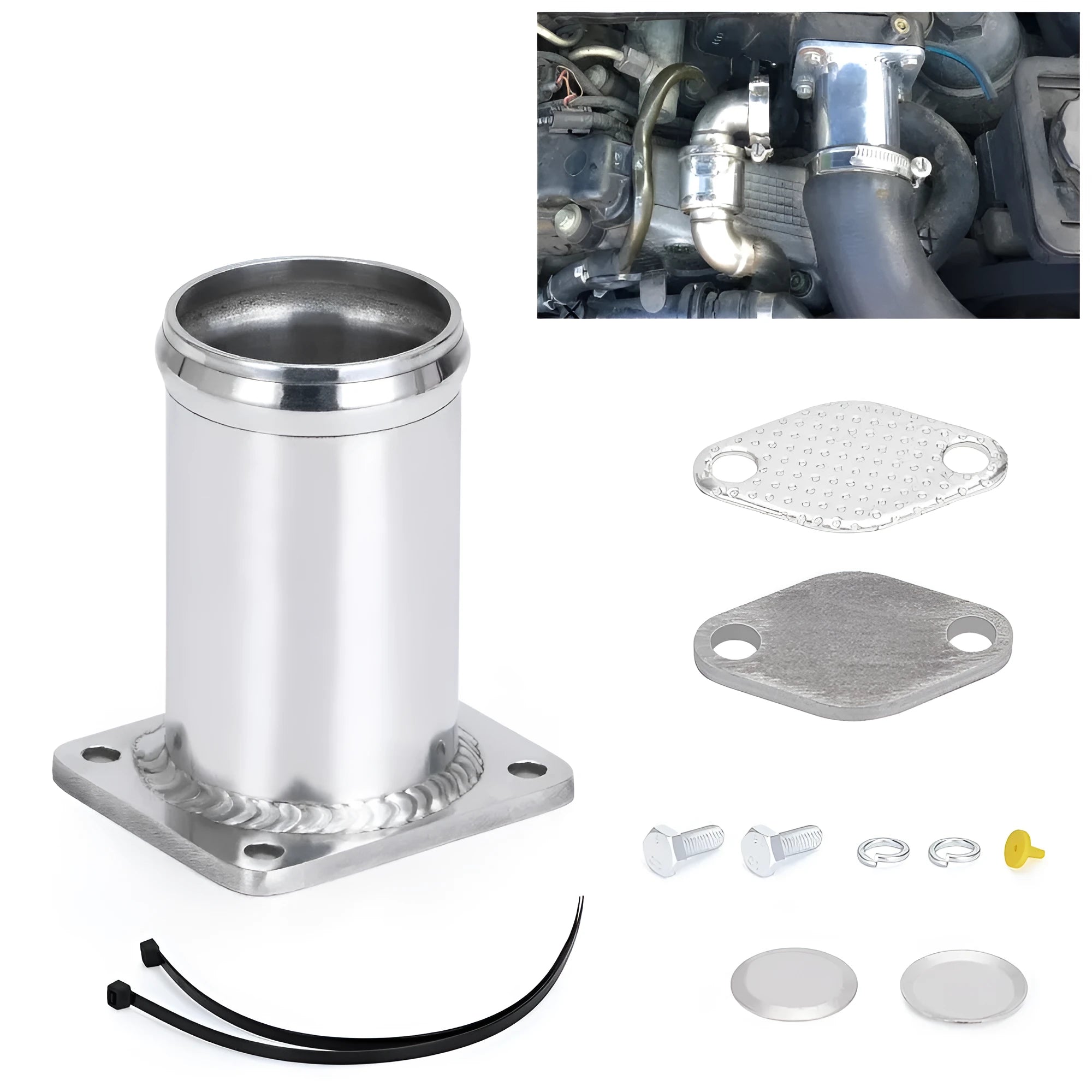 BMW E46 EGR delete kit showing aluminium pipe, blocking plates, bolts, and vacuum plug