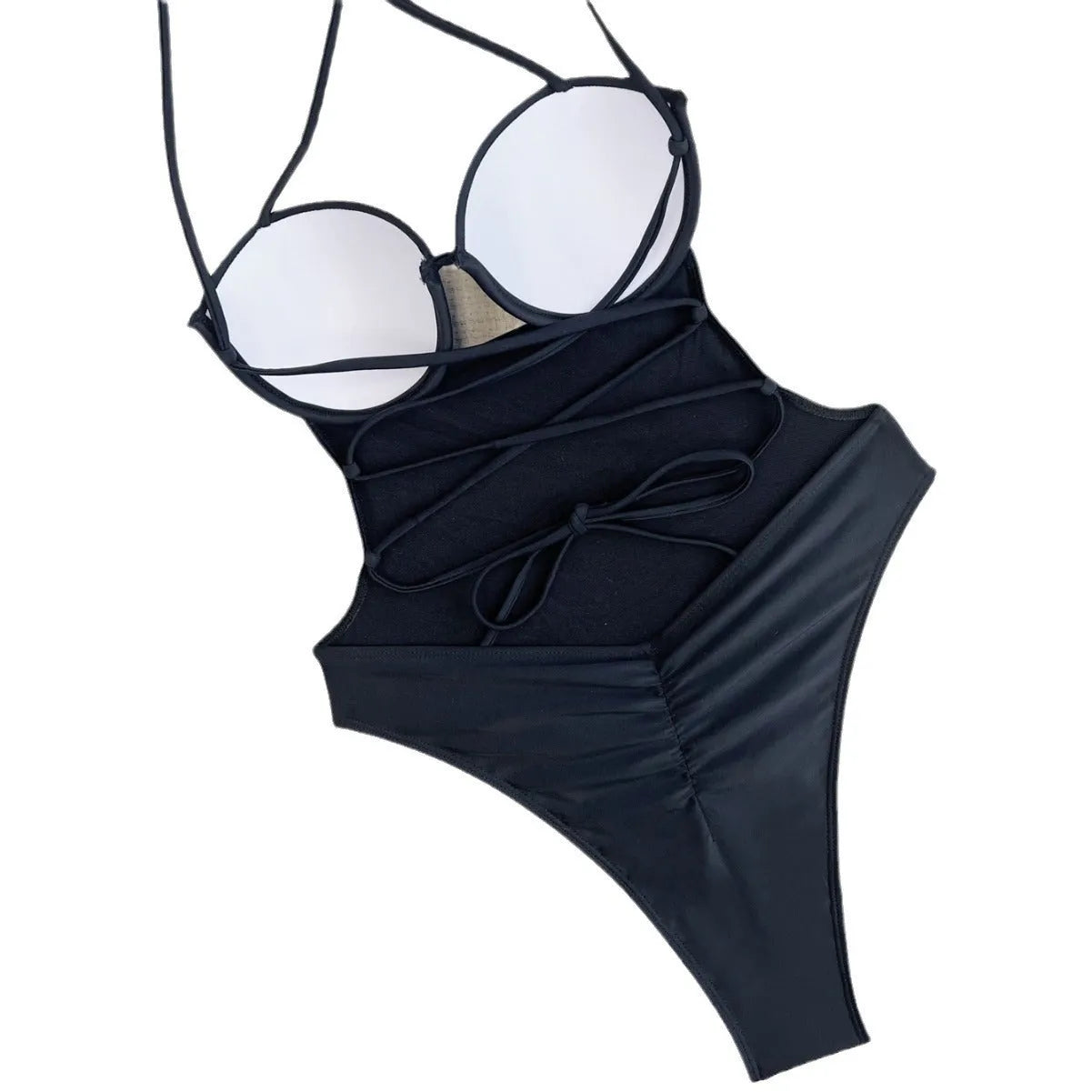 Solid black one-piece swimsuit for women on a hanger