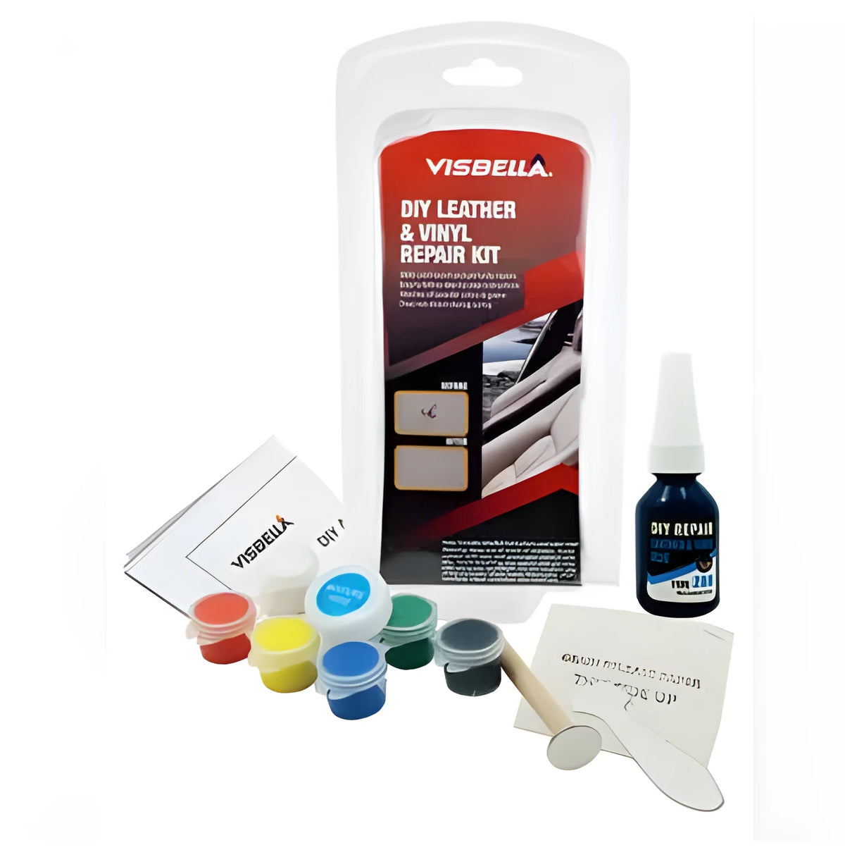 Leather vinyl repair kit with liquid filler and colour coating for car seat and sofa repairs