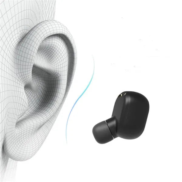 M1 Bluetooth wireless headset with black earbuds showing bilateral stereo design