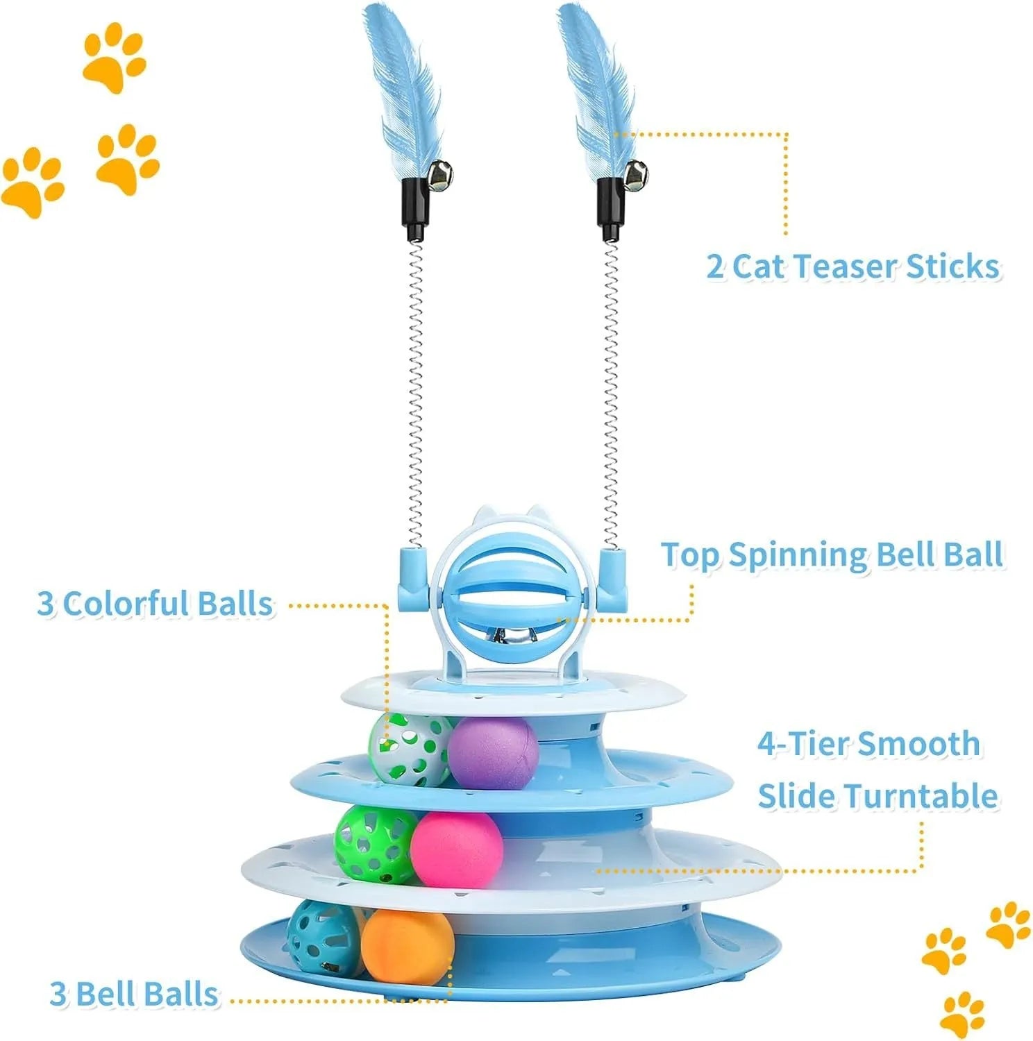 Blue four-tier interactive cat carousel toy with balls and teasing rods on a non-slip base.
