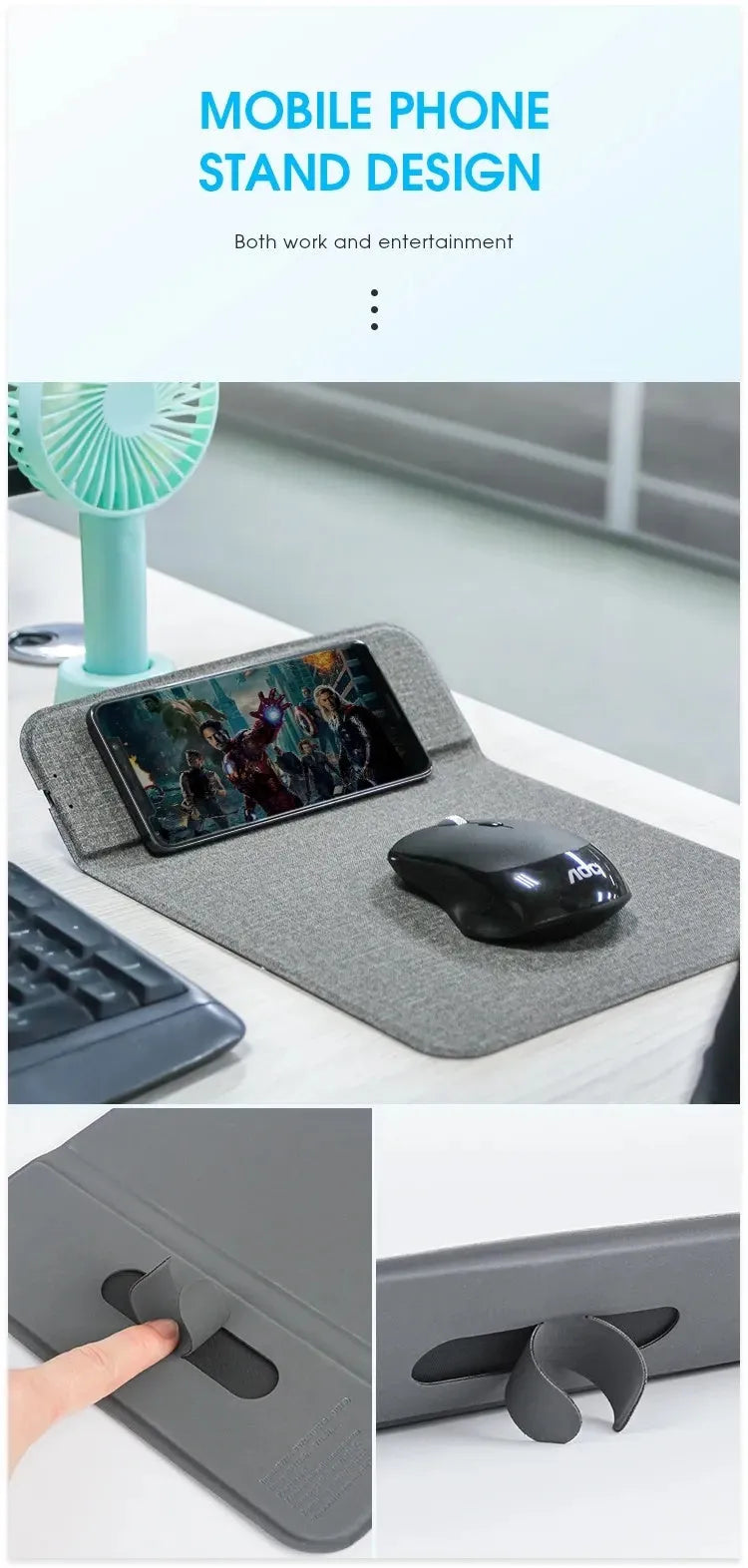 Foldable fabric wireless charging phone holder propping up a smartphone.