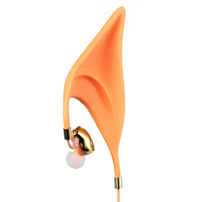 Cute black cartoon elf ear wired in-ear headphones with a built-in microphone and 3.5mm plug.