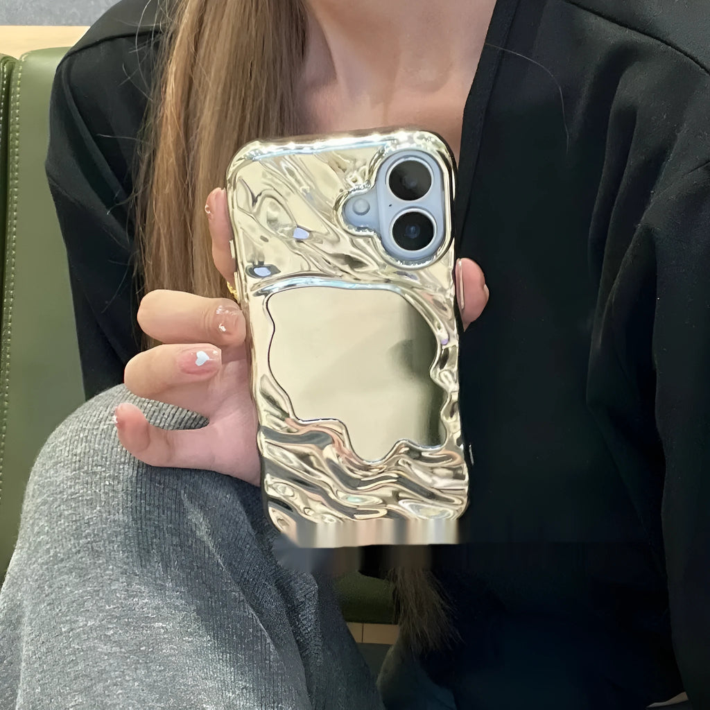 Solid colour iPhone case with water ripple texture and a small mirror, shown in beige colour.